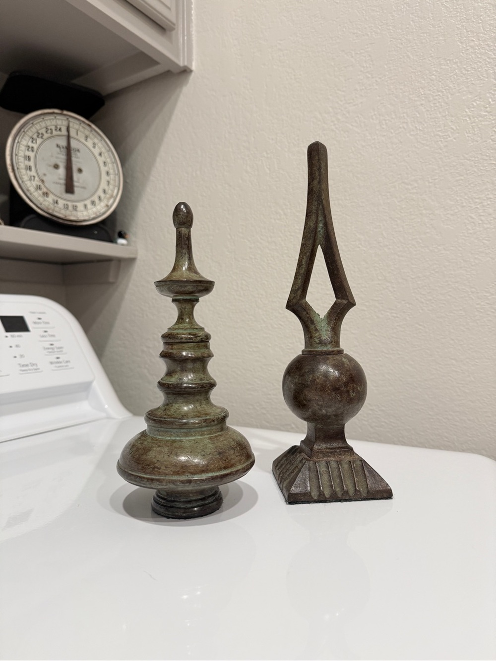 Vintage Bronze-Green Decorative Finial Pair Heavy Sculptural Mantel Accents - Picture 13 of 15